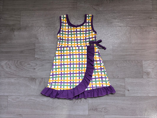 10.6 GSD4333 Preorder Purple Yellow Green Checkered Print Girls Mardi Gras Scallop Yoga Dress