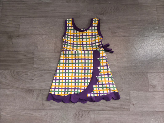 10.6 GSD4333 Preorder Purple Yellow Green Checkered Print Girls Mardi Gras Scallop Yoga Dress