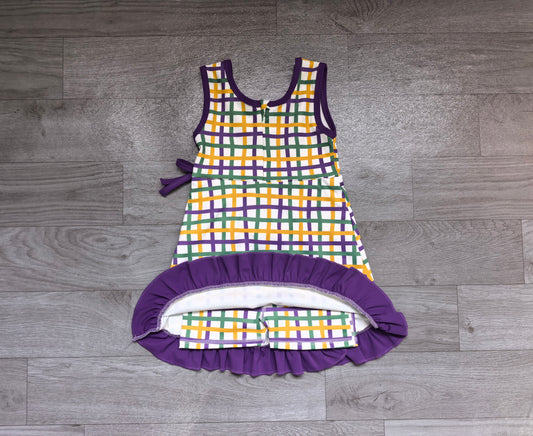 10.6 GSD4333 Preorder Purple Yellow Green Checkered Print Girls Mardi Gras Scallop Yoga Dress