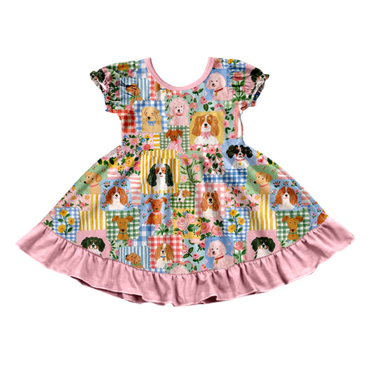 10.10 GSD4335 Preorder Kids Girls Cute Puppy Flowers Short Sleeve Dress
