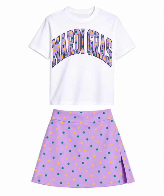 10.20 GSD4338 Preorder Kids Girls Mardi Gras Top Purple Polka Dot Yoga Skort Outfit