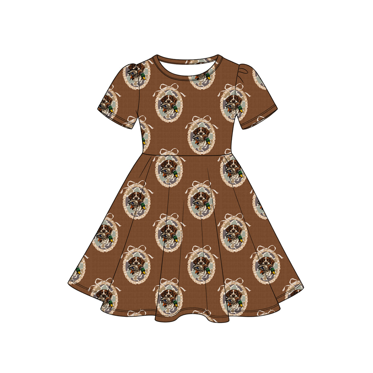 10.29 GSD4339 Preorder Kids Girls Hunting Dog Duck Short Sleeve Dress