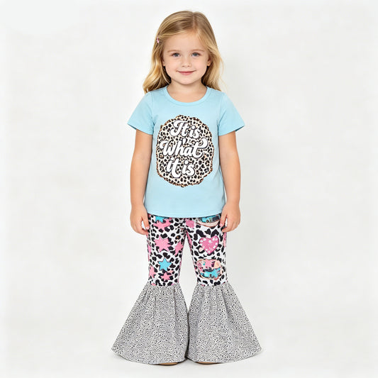 (Promotion)Stars Leopard Print Short sleeve bell bottom pants girls outfits  GSPO0002