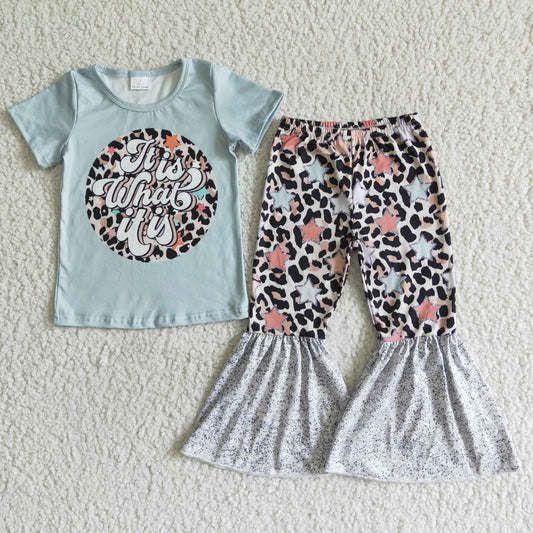 (Promotion)Stars Leopard Print Short sleeve bell bottom pants girls outfits  GSPO0002