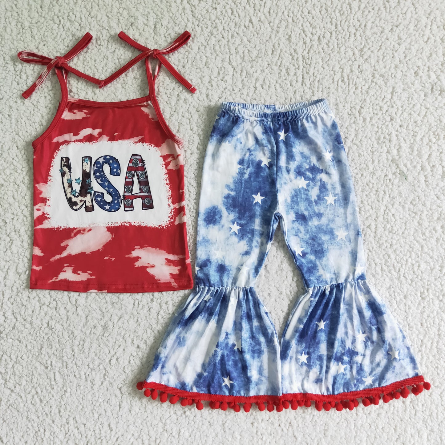 (Promotion)GSPO0068 USA Strap Top Tie-dye Bell Pants Girls 4th of July Clothes Set