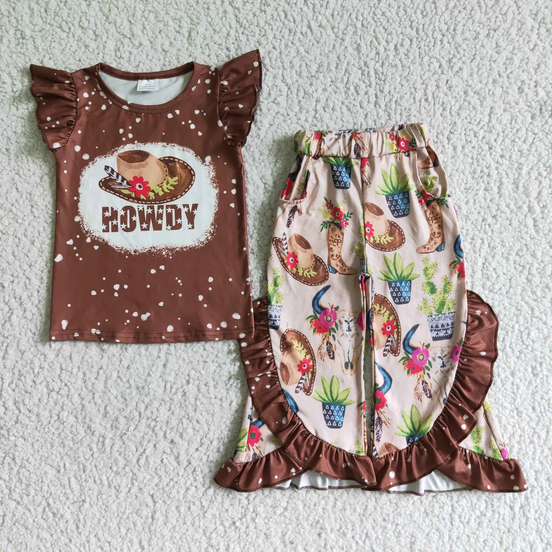 Sibling Baby Girls Western Howdy Bull Skulls Shirts Ruffle Bell Bottom Pants Clothes Sets
