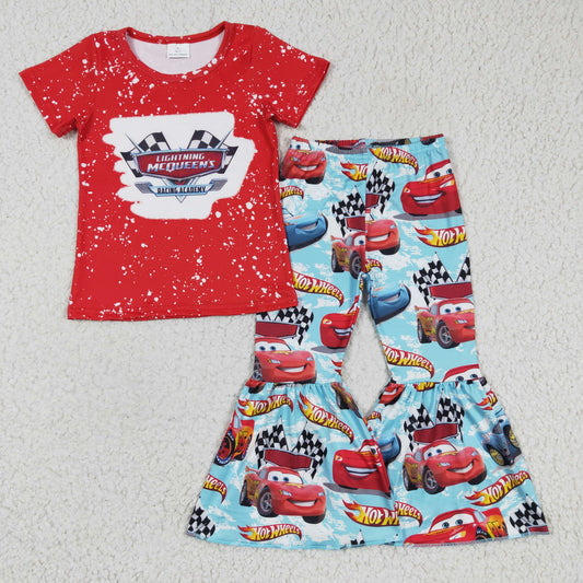 Cartoon Car Red Short sleeve Top bell bottom pants Girls outfits   GSPO0111