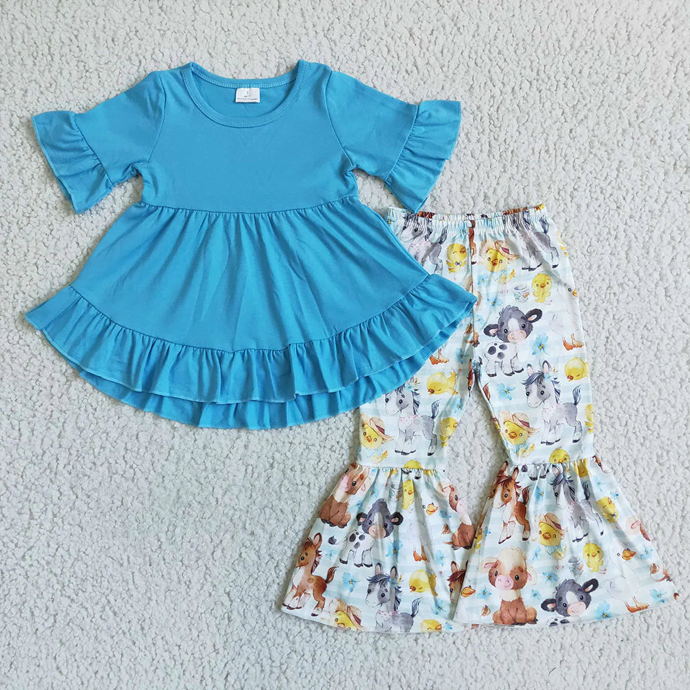 Sibling Baby Girls Short Ruffle Sleeve Ruffle Tunic Farm Western Bell Bottom Pants Clothes Sets