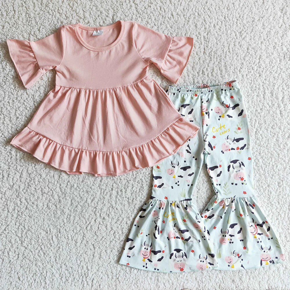 Sibling Baby Girls Short Ruffle Sleeve Ruffle Tunic Farm Western Bell Bottom Pants Clothes Sets