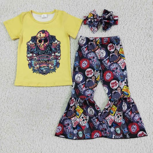 GSPO0128 Cartoon CRYSTAL LAKE Yellow Top Bell Pants Girls Halloween Clothes Set