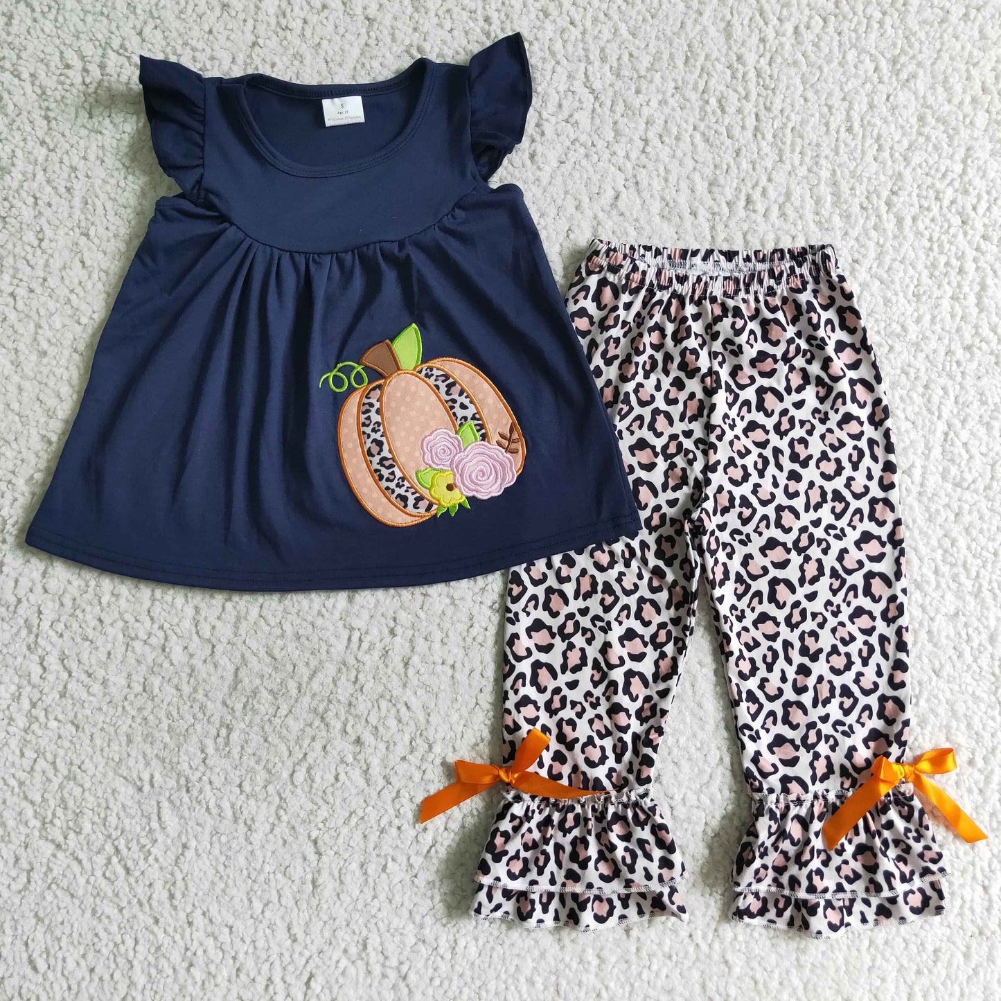 Girls fall leopard print pumpkin embroidery outfits    GSPO0133