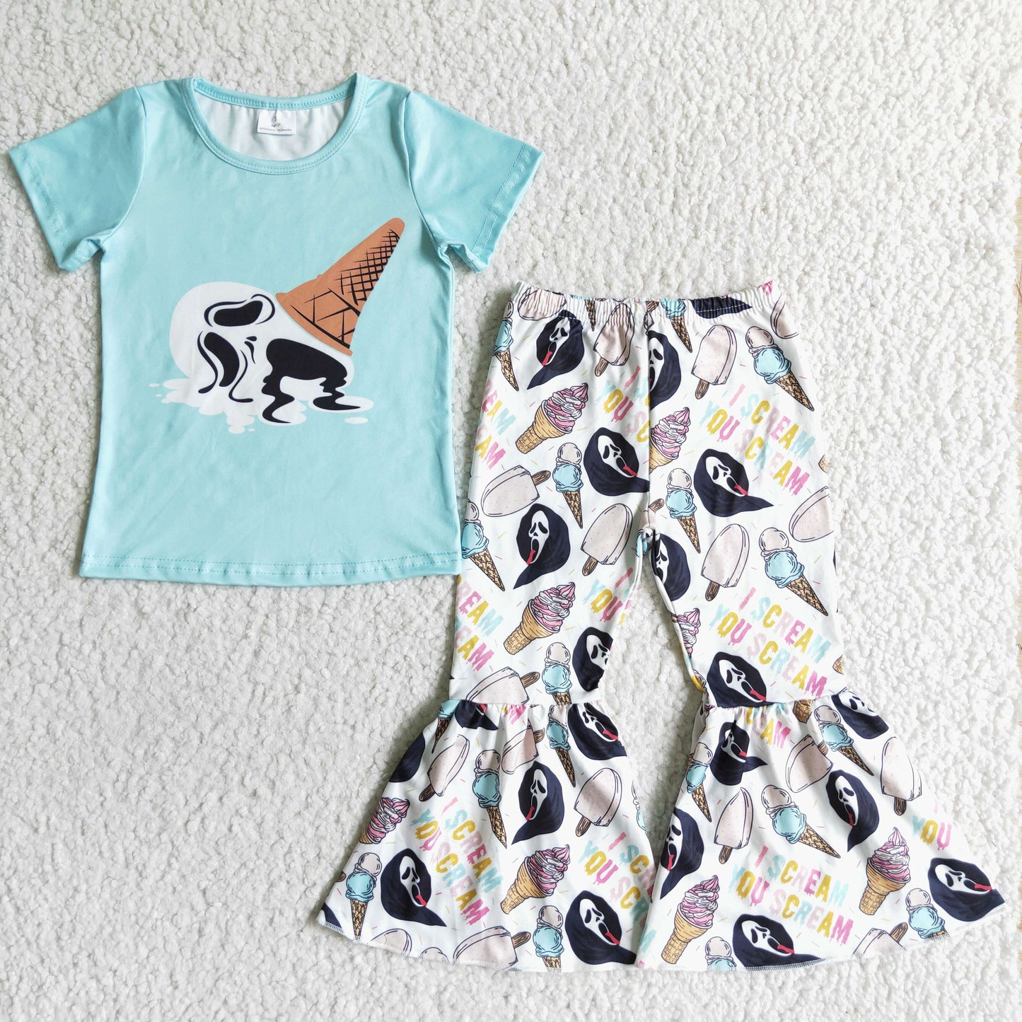 GSPO0139 SCREAM Ice Cream Blue Top Bell Pants Girls Halloween Clothes Set
