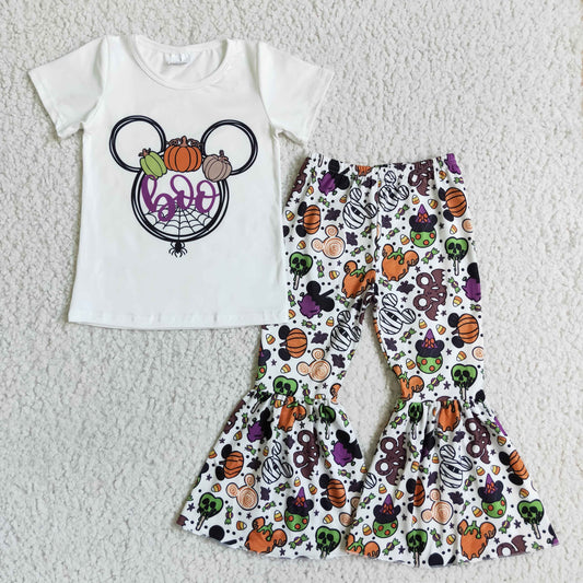 GSPO0146 Cartoon Mouse Pumpkin BOO Top Bell Pants Girls Halloween Clothes Set