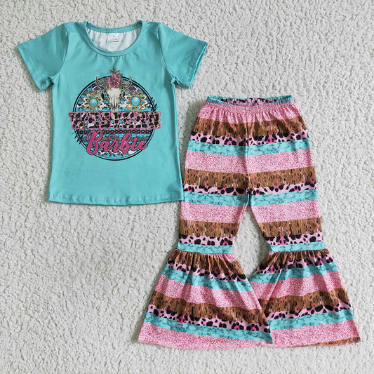 Sibling Baby Girls Doll Short Sleeve Shirts Bell-Bottom Pants Outfit