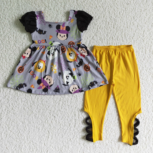 GSPO0157 Cartoon Mouse Candy Tunic Top Cross Legging Pants Girls Halloween Clothes Set