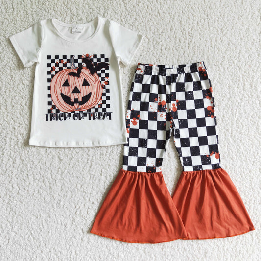 GSPO0168 TRICK OR TREAT Pumpkin White Top Plaid Pants Girls Halloween Clothes Set