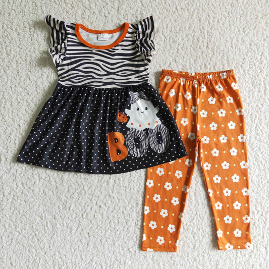 GSPO0169 Ghost BOO Tunic Top Flowers Legging Pants Girls Halloween Clothes Set
