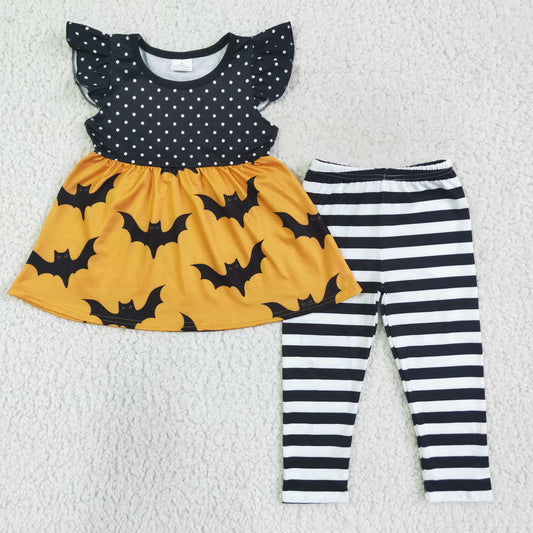 GSPO0171 Bat Dots Tunic Top Stripes Legging Pants Girls Halloween Clothes Set
