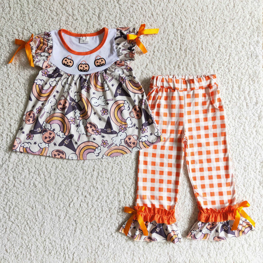 GSPO0176 Pumpkin Embroidery Rainbow Tunic Top Plaid Pants Girls Halloween Clothes Set