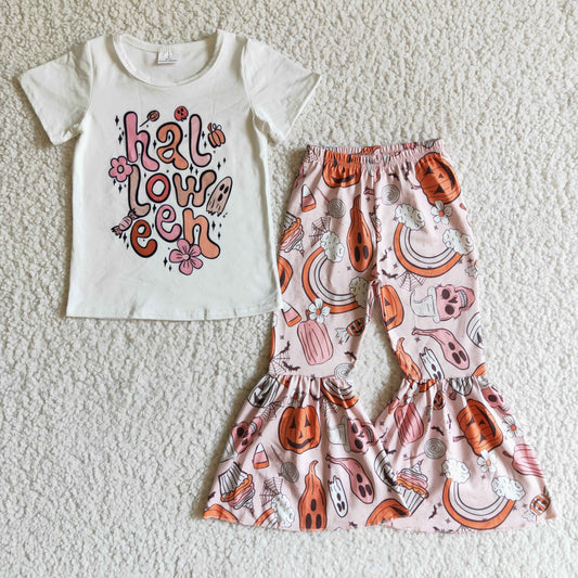 GSPO0184 Ghost Pumpkin Flowers White Top Bell Pants Girls Halloween Clothes Set