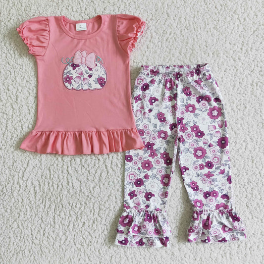 Girls short sleeve floral punpkin outfits    GSPO0191