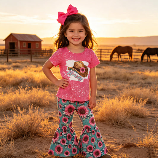 Toddler Girls Western Howdy Cowboy Hat Sunflower Bell Bottoms Set