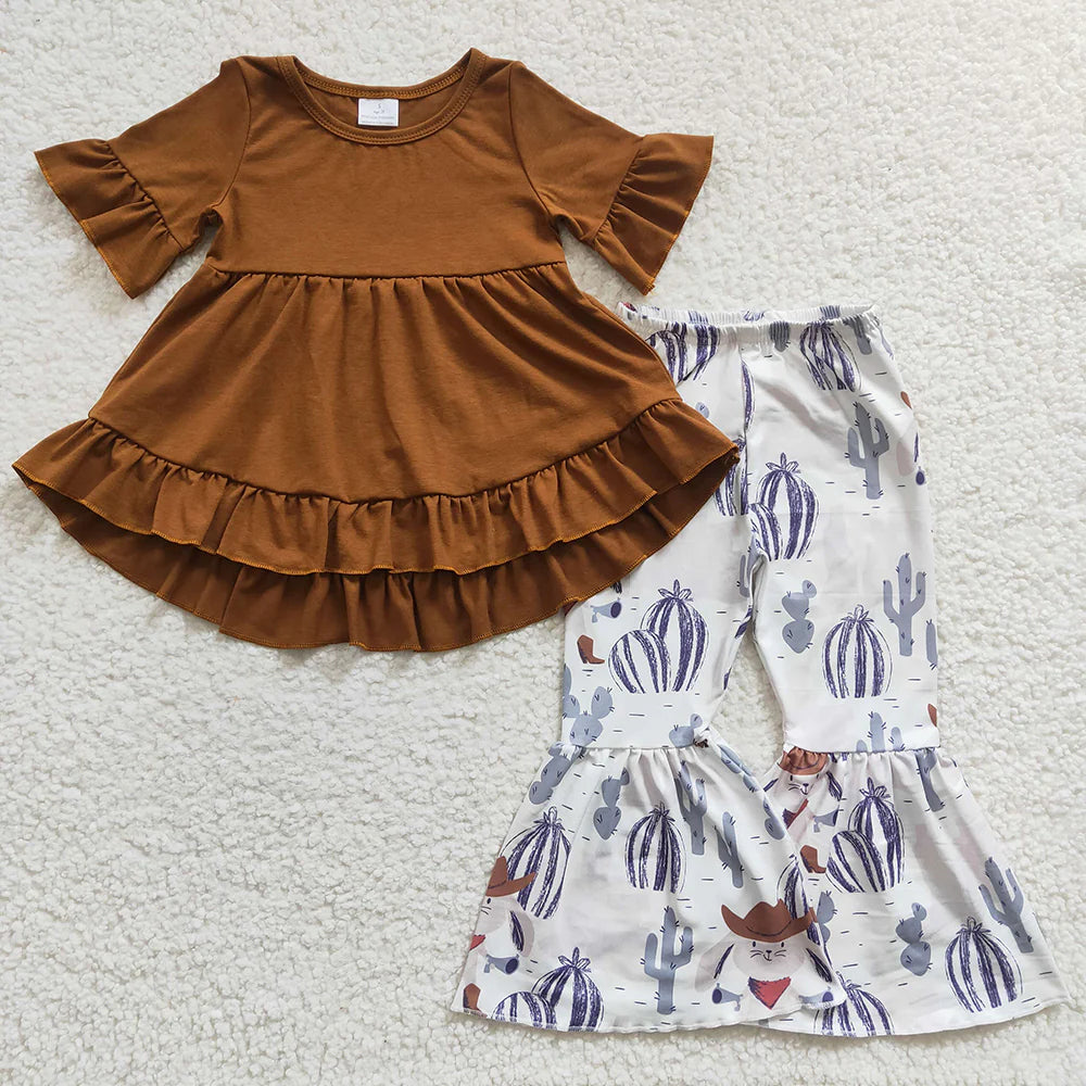 Sibling Baby Girls Short Ruffle Sleeve Ruffle Tunic Farm Western Bell Bottom Pants Clothes Sets