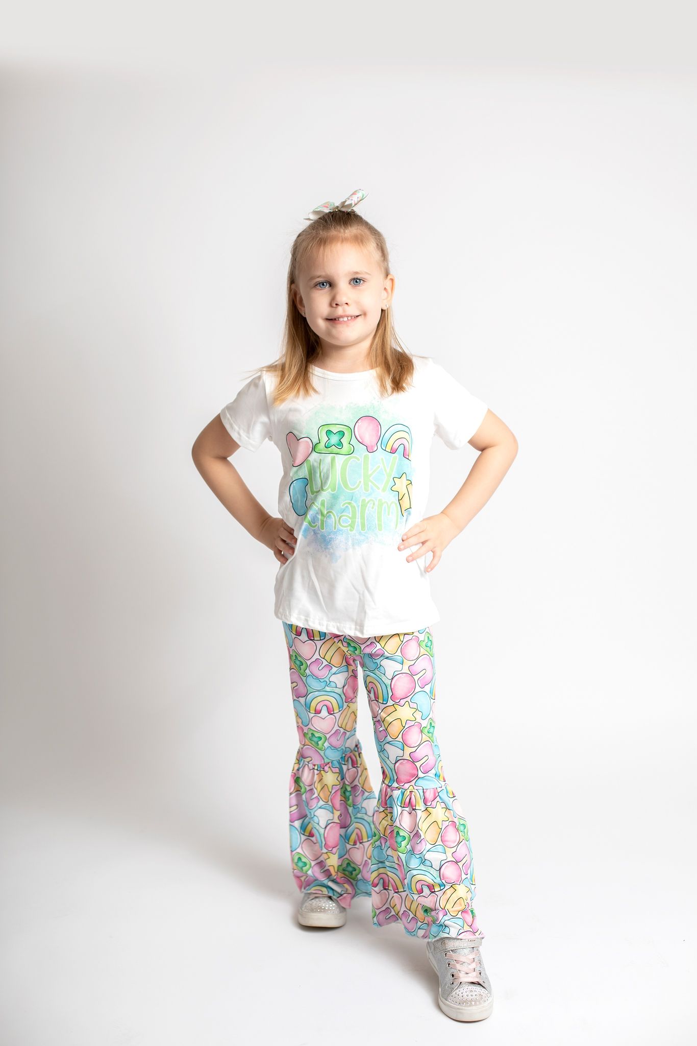 Girls LUCK CHARM print St. Patrick's Day bell pants outfit    GSPO0303