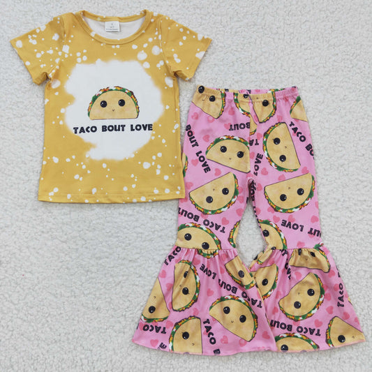 Toddler Girl Taco Print Outfit - "Taco Bout Love" Top & Pink  Bell Bottom Pants Set