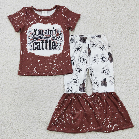Toddler Girl Western Cattle Brand Outfit - "You Ain't My Brand of Cattle" Tee & Bell Bottom Pants Set