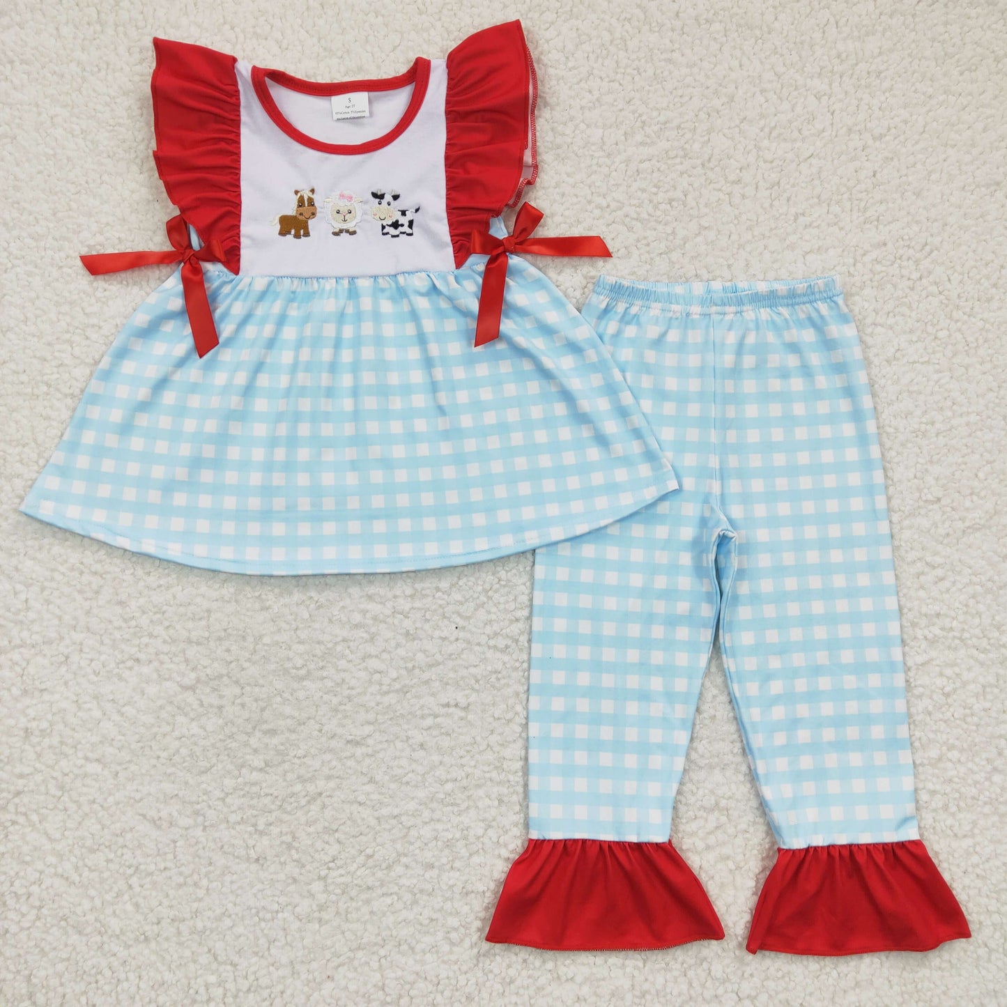 Farm Animals embroidery Tunic Top plaid pants Girls outfit  GSPO0381