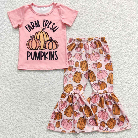 GSPO0607 Pink Pumpkin Top Bell Pants Girls Fall Clothes Set