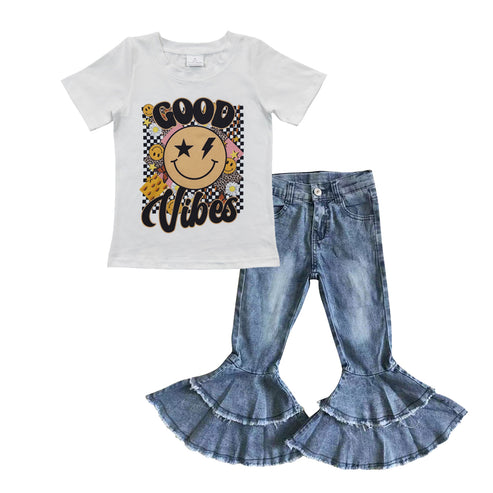Good Vibes Short Sleeve Top with Blue Double Ruffle Denim Pants Outfit