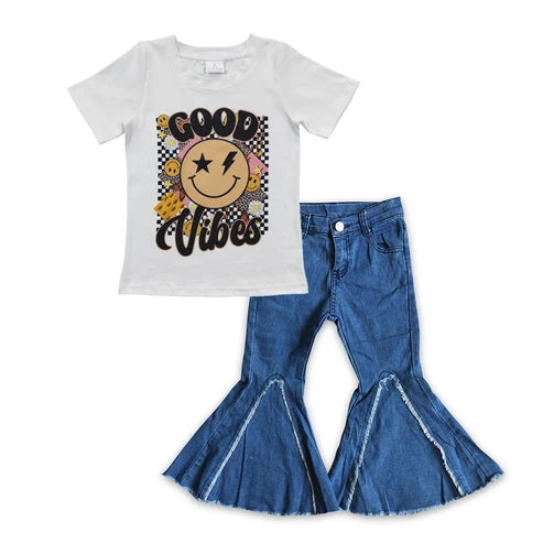 Good Vibes Short Sleeve Top with Blue Denim Flare Pants Outfit