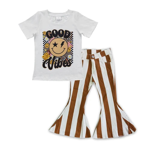 Good Vibes Short Sleeve Top with Denim Flare Pants Outfit