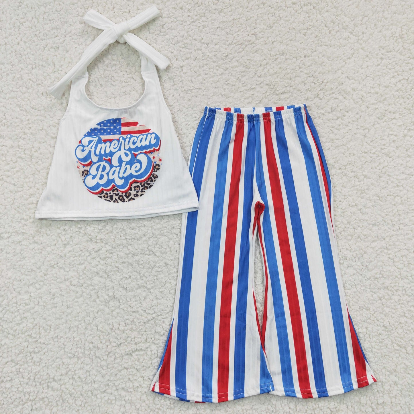 GSPO0655  American Babe Ribbed Halter Top Stripes Bell Pants Girls 4th of July Clothes Set