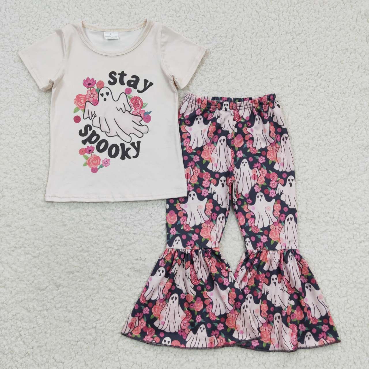 GSPO0664 Stay Spooky Flowers Top Bell Pants Girls Halloween Clothes Set