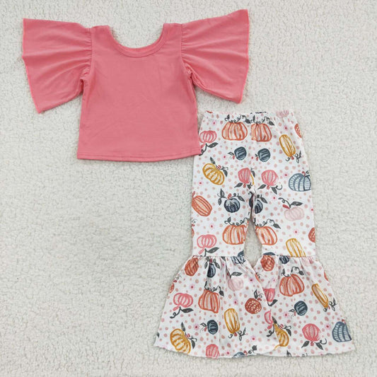 GSPO0670 Pink Top Pumpkin Bell Pants Girls Fall Clothes Set