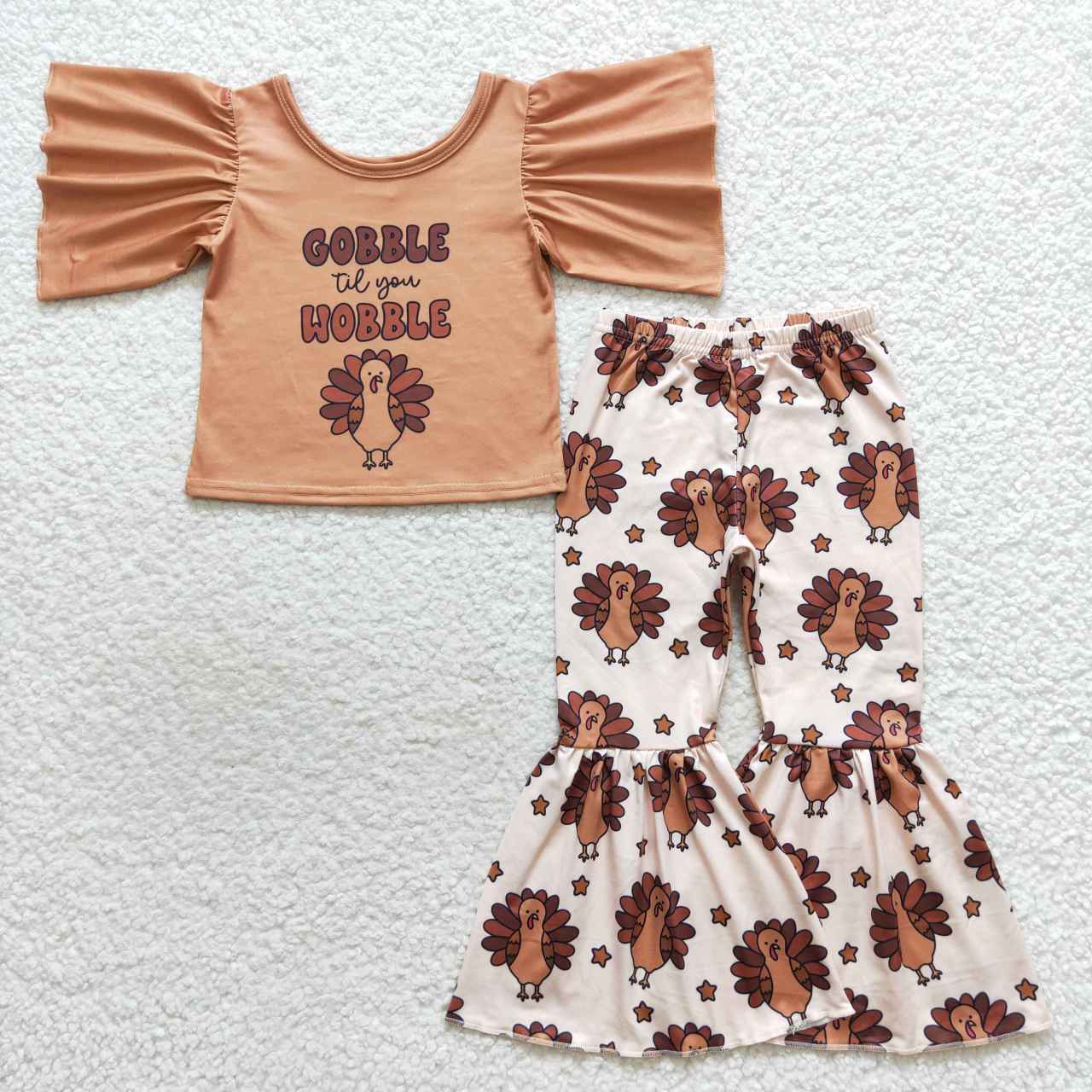GSPO0702  GOBBLE WOBBLE Turkey Top Bell Pants Girls Thanksgiving Clothes Set