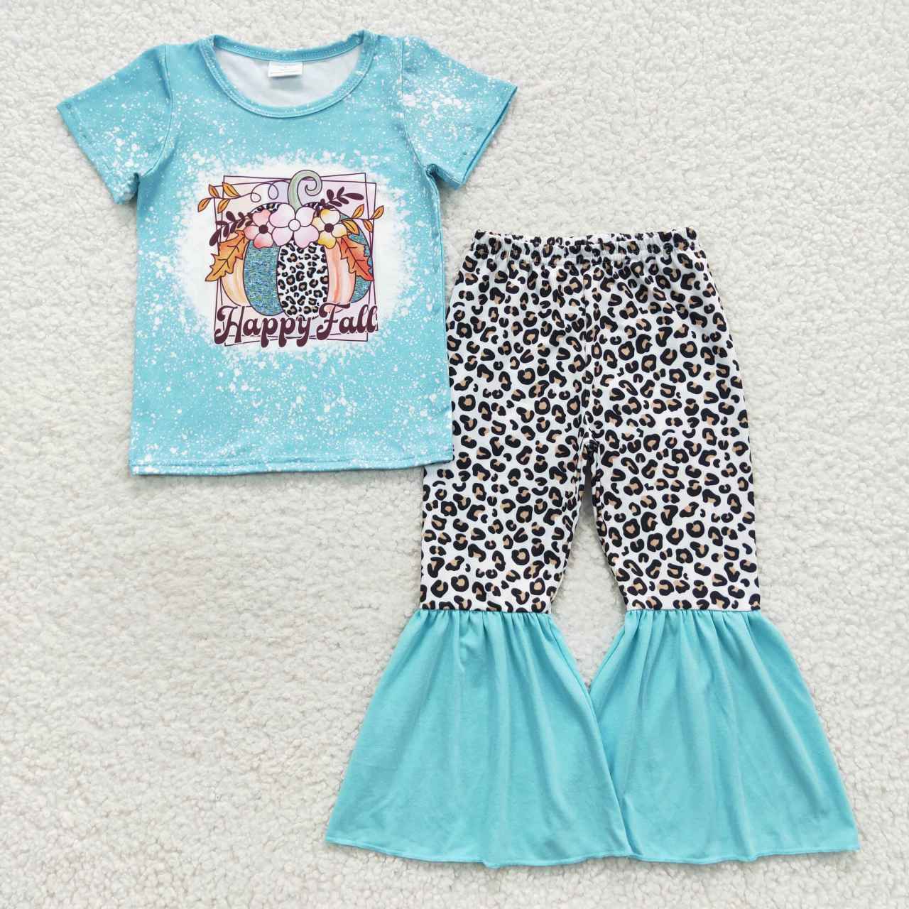 GSPO0708 Pumpkin Flowers Blue Top Leopard Bell Pants Girls Fall Clothes Set