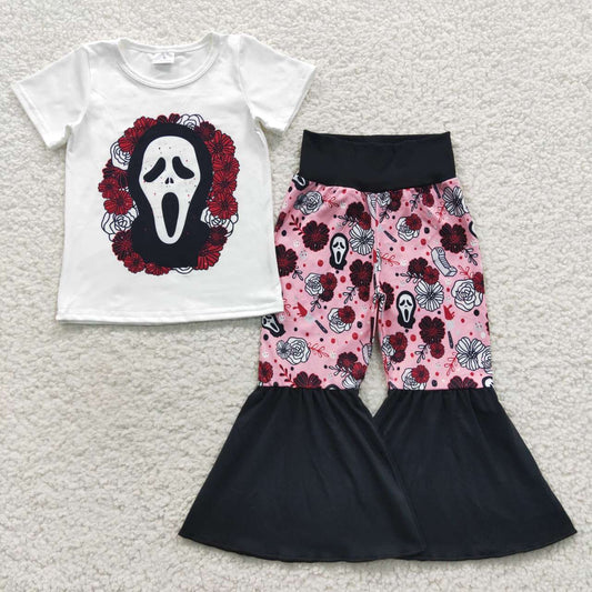 GSPO0710 Characters Flowers White Top Bell Pants Girls Halloween Clothes Set