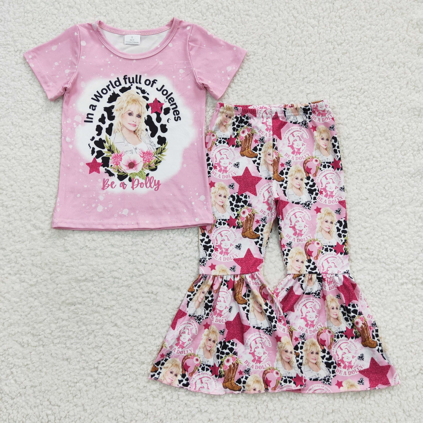 GSPO0719  Singer Doll* Pink Top Flowers Boots Bell Pants Girls Clothes Set