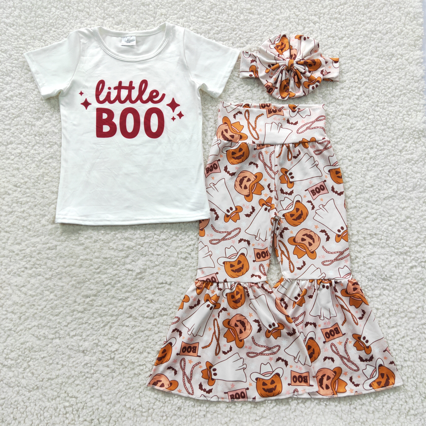 GSPO0723  LITTLE BOO White Top Cowboy Pumpkin Bell Pants Girls Halloween Clothes Set