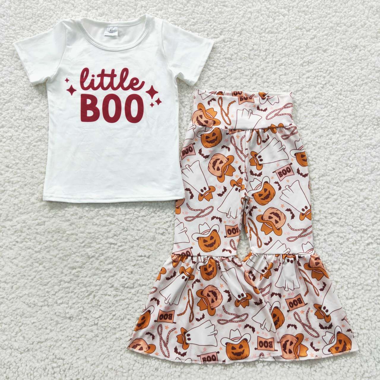 GSPO0723  LITTLE BOO White Top Cowboy Pumpkin Bell Pants Girls Halloween Clothes Set