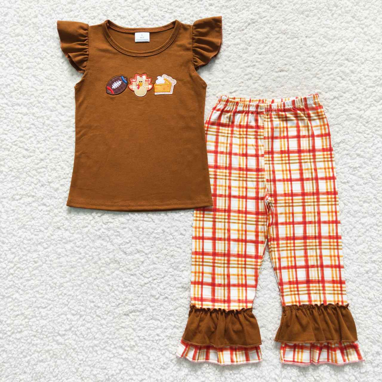 GSPO0759 Football Turkey Pie Embroidery Brown Top Checkerd Pants Girls Thanksgiving Clothes Set