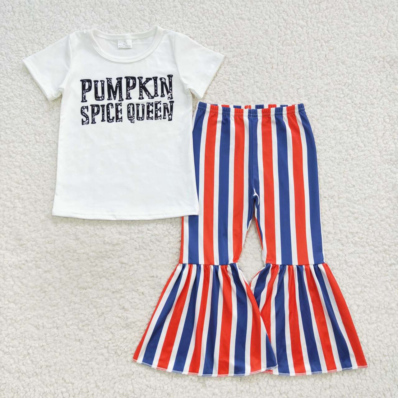 GSPO0794 Pumpkin Spice Queen White Top Stripes Bell Pants Girls Fall Clothes Set
