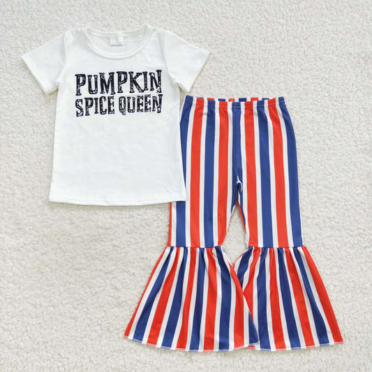GSPO0794 Pumpkin Spice Queen White Top Stripes Bell Pants Girls Fall Clothes Set