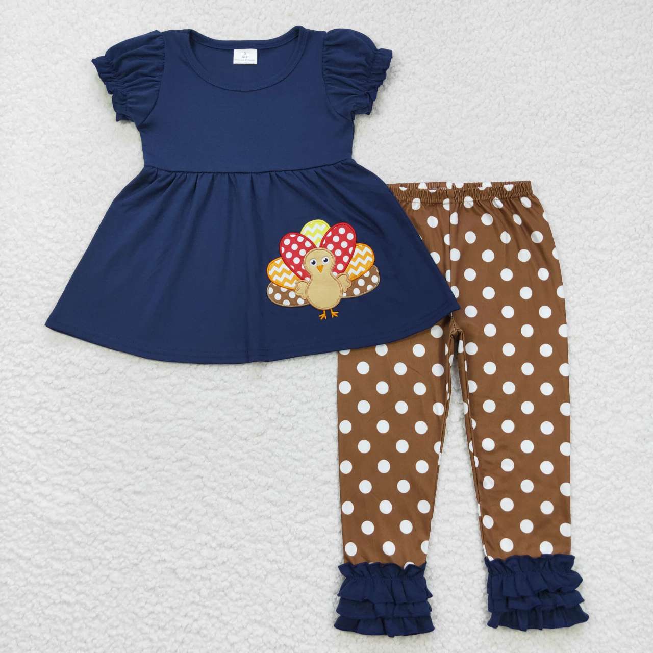 GSPO0795 Turkey Embroidery Navy Top Dots Pants Girls Thanksgiving Clothes Set