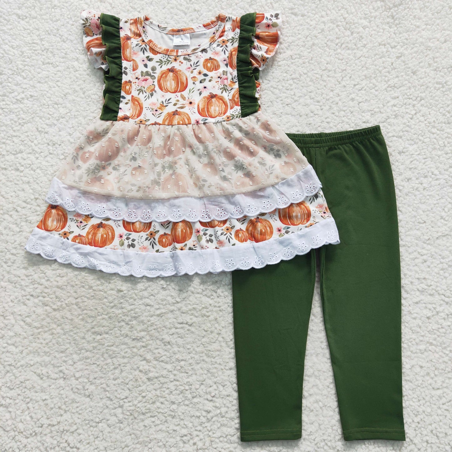 GSPO0810 Pumpkin Flowers Tulle Ruffle Tunic Top Green Legging Pants Girls Fall Clothes Set
