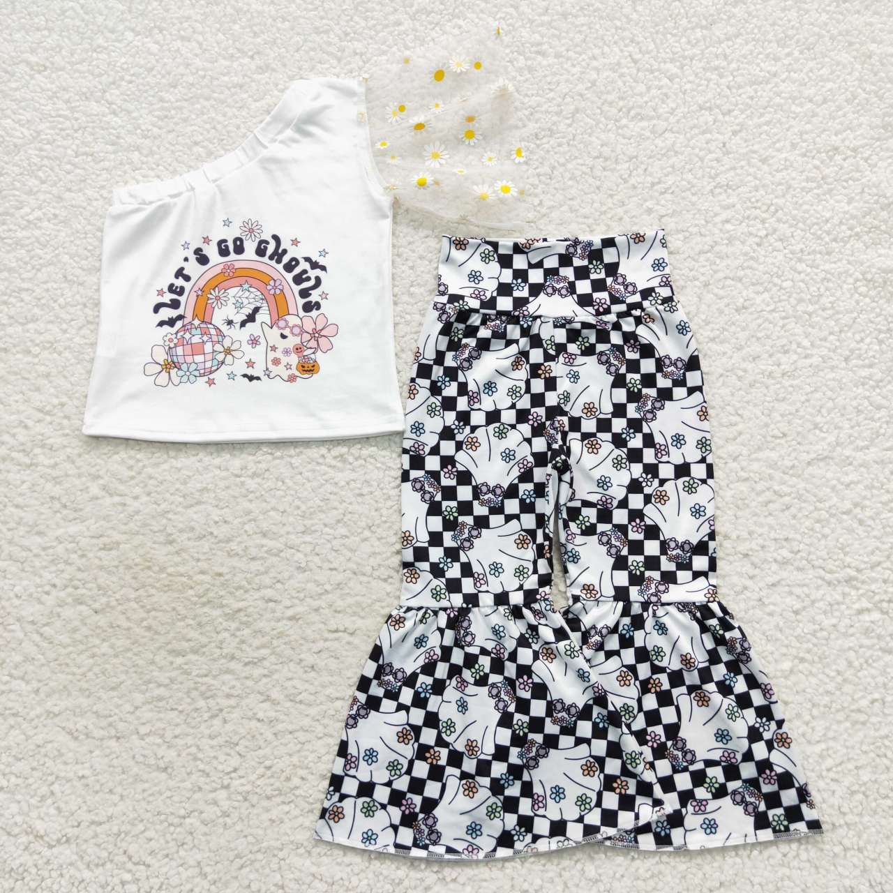 GSPO0820  Ghost Flowers One Shoulder Sleeve Top Checkerd Bell Pants Girls Halloween Clothes Set